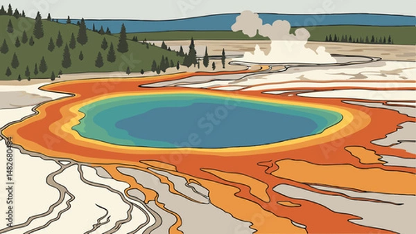 Fototapeta Vector vibrant aerial view of Grand Prismatic Spring showcases its stunning colors and unique geothermal features, surrounded by lush