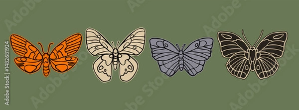 Fototapeta Various colorful Butterflies, moths. Abstract simple shapes. Hand drawn modern Vector illustration. Isolated design elements. Poster, logo, sticker, print, design templates