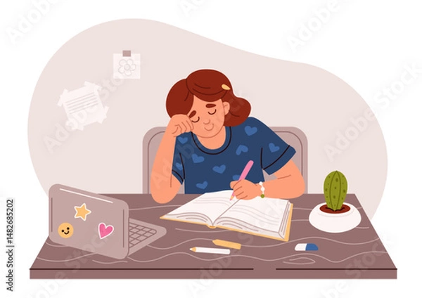 Fototapeta The schoolgirl is sitting at the table and doing her homework. The girl is writing in a notebook. Elementary school. Back to school. Vector illustration in flat style isolated on a white background