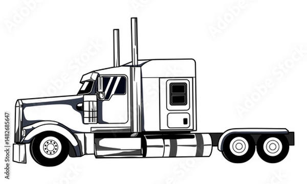 Obraz Silhouette Semi Truck line art design isolated. Hand drawing Semi Truck from side view Vector illustration in black