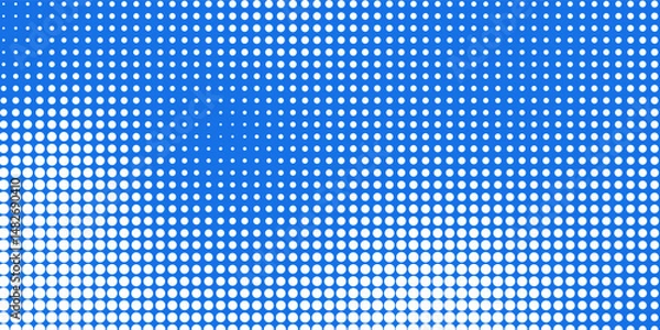 Obraz Young vector with circle shape. Dots halftone white and blue color pattern gradient grunge texture background.