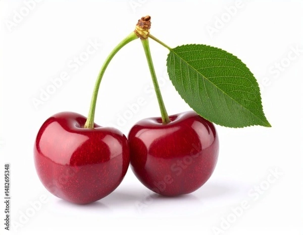 Fototapeta Fresh cherry with a stem over white background