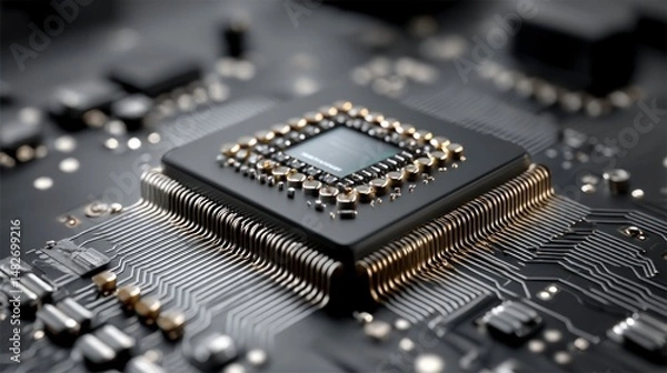 Fototapeta Close-Up of a Mobile Device Processor with Intricate Circuitry and Photorealistic Detail