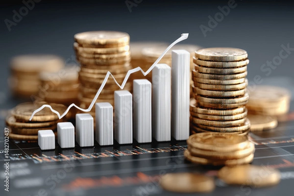 Fototapeta Stack of coins displayed next to a bar graph illustrating the growth potential of penny stocks in financial markets
