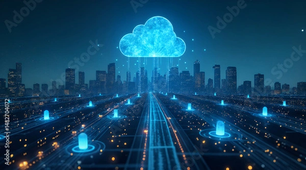 Fototapeta Cloud computing technology network city skyline digital transformation innovation future tech trends