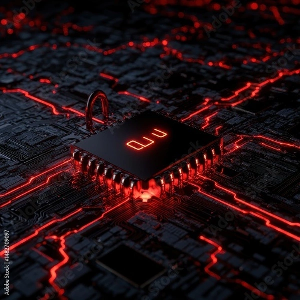 Fototapeta Futuristic Circuit Board with Microchip and Glowing Red Lines