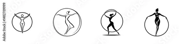 Fototapeta Elegant vector illustrations of various women interacting with circles in dynamic poses and graceful movements