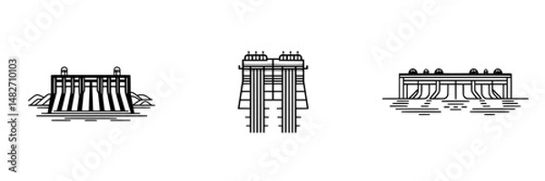 Fototapeta Vector illustration of three dam structures showcasing unique designs and functionalities in a minimalist style