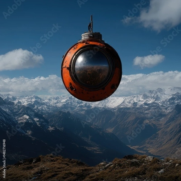 Obraz Orange Space Pod Hovering Over Majestic Snowy Mountain Landscape