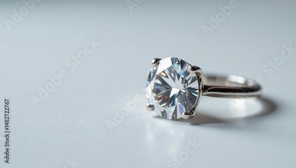 Fototapeta Close-up shot of a sparkling diamond ring on a white background , brilliance, close up