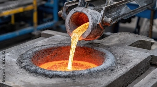 Obraz Molten gold being poured into a mold, glowing hot liquid metal flowing into a casting form, creating a bright orange splash.