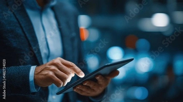 Fototapeta A security professional using a tablet to manage cybersecurity efforts and protect sensitive data in a professional setting