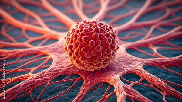 Obraz Detecting cancer concept ,Microscopic view of angiogenesis around tumor cells, showcasing intricate blood vessel formation