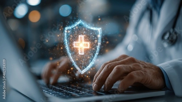 Fototapeta A doctor typing on a laptop, with a glowing shield symbolizing cybersecurity and data protection in healthcare