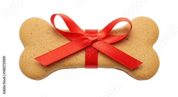 Obraz Dog biscuit bone with festive red ribbon isolated PNG with Transparent Background