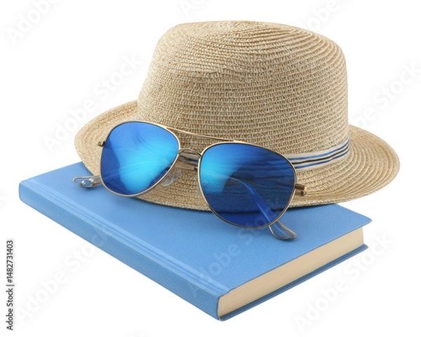 Fototapeta Stylish sun hat rests atop blue book, accompanied by pair of reflective sunglasses, creating perfect summer vibe for relaxation and reading