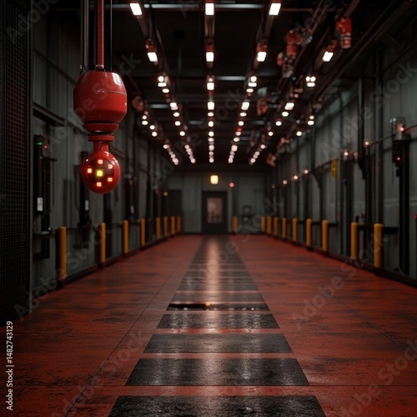 Fototapeta Dimly Lit Industrial Hallway with Red Accents and Ceiling Lights