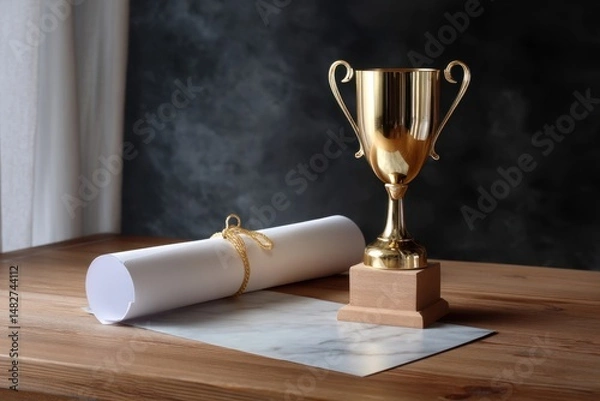 Fototapeta Academic trophy and diploma on polished table, concept of achievement