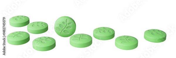 Fototapeta Round green tablets with imprint isolated on transparent background. Conceptual design for dietary and biologically active supplements. 3d illustration