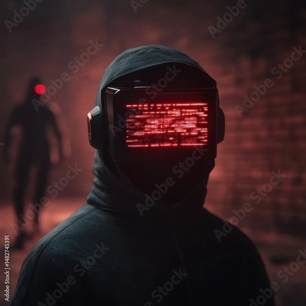 Fototapeta Cyberpunk Figure in Dark Environment with Glowing Helmet Display