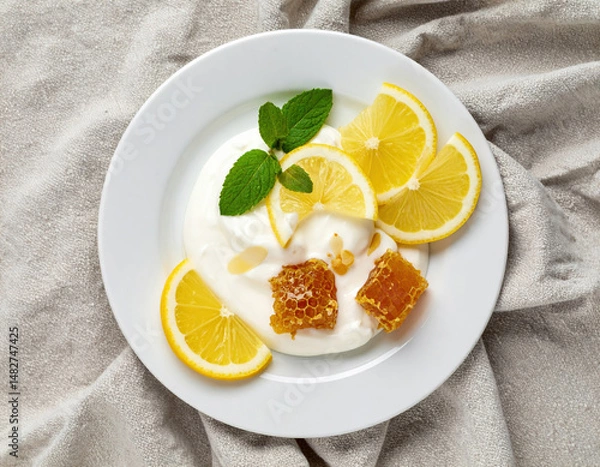 Fototapeta Creamy yogurt with honeycomb, lemon slices, and mint leaves on white plate creates fresh and inviting presentation