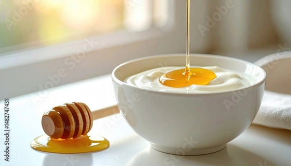 Fototapeta Creamy yogurt in white bowl with honey drizzling over it, creating sweet and inviting breakfast scene