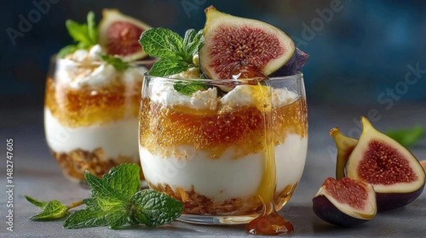 Fototapeta Creamy yogurt parfaits with figs, honey, and mint create delightful and refreshing dessert