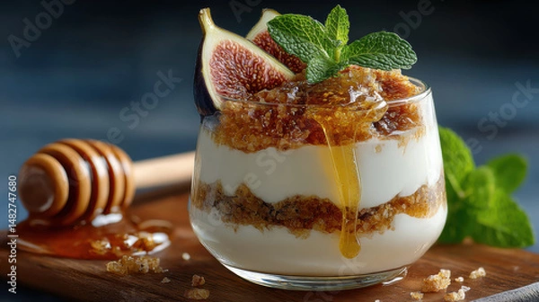 Fototapeta Creamy yogurt parfait with figs, granola, and honey drizzle, garnished with fresh mint leaves