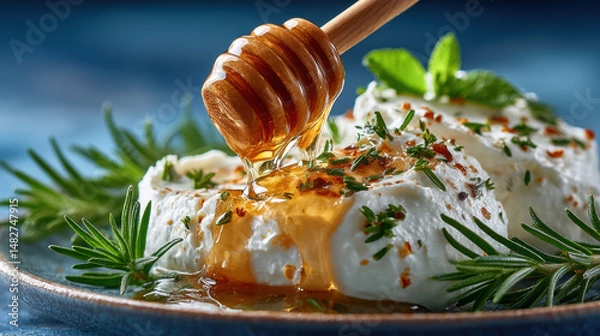 Fototapeta Creamy cheese drizzled with honey and garnished with herbs on blue plate