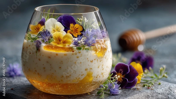 Fototapeta Glass of creamy yogurt topped with vibrant edible flowers and honey creates visually stunning and delicious dessert