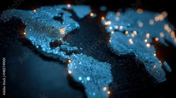 Fototapeta A global digital map with secure data connections and cybersecurity locks highlighting safe networks