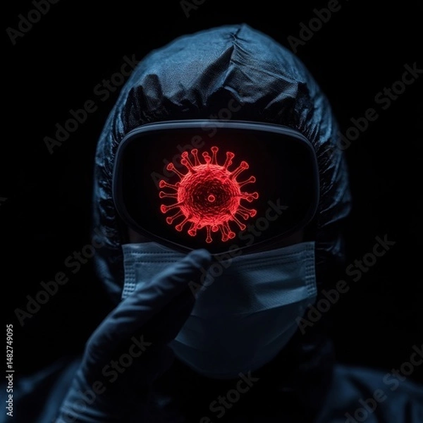 Fototapeta Medical Researcher with VR Glasses Displaying Virus in Dark Background