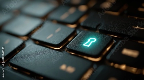 Obraz A digital key glows on a computer screen as a user enters a secure password for accessing sensitive data