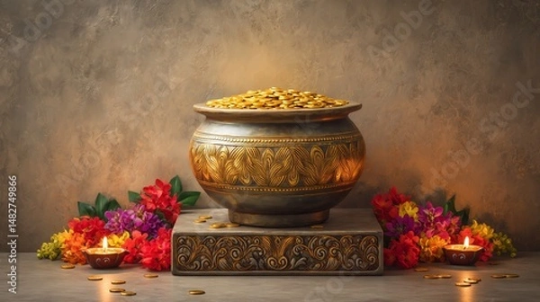 Obraz Golden Ornate Pot Filled with Coins Surrounded by Festive Flowers and Diyas for Akshaya Tritiya on a Traditional Pedestal
