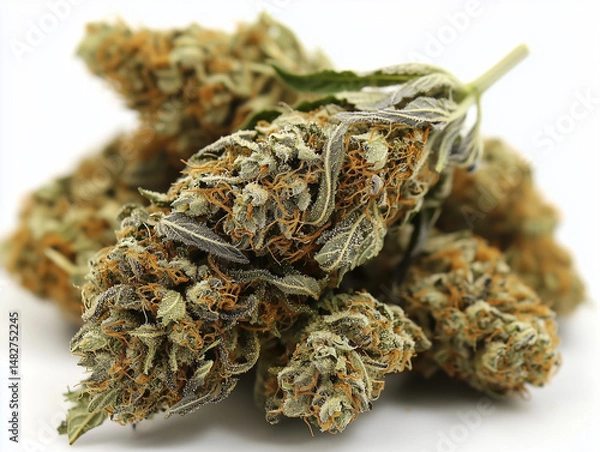 Fototapeta Close-up of dried cannabis buds with visible trichomes and orange hairs on a white background.