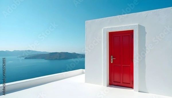 Fototapeta A bright red door on a white building with a stunning view of the ocean and mountains in the background