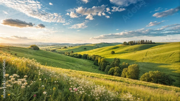 Obraz Summer landscape with green meadow and blue sky with white clouds.