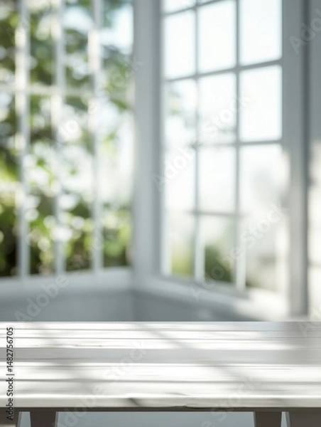 Fototapeta White Table Surface in Bright Room with Large Windows and Greenery Outside, Interior Design Close Up