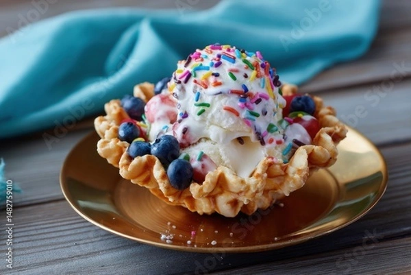Fototapeta Delicious ice cream in a waffle bowl with colorful toppings, photographed under natural light on a wooden table, summer vibe