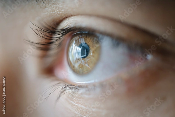 Fototapeta Brown woman eye macro shot. Macro shot of a woman's eyes. Close-up view of an adult asian woman's eye with eyelashes and eyebrow looking in front confidently.