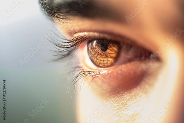Fototapeta Brown man eye macro shot. Macro shot of a man's eyes. Close-up view of an adult asian man's eye with eyelashes and eyebrow looking in front confidently.