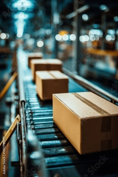 Fototapeta Cardboard Boxes Moving on Conveyor Belt in Factory Close Up Industrial Automation Logistics