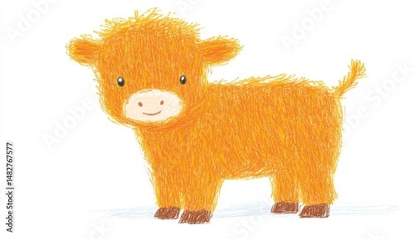 Fototapeta Cute orange calf illustration, playful and charming, white background, crayon like texture.