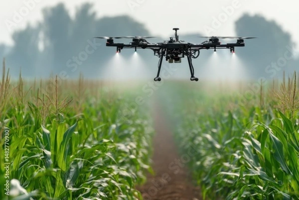 Fototapeta Agricultural drone spraying corn field aerial view precision farming technology innovation modern agriculture sustainable farming practices