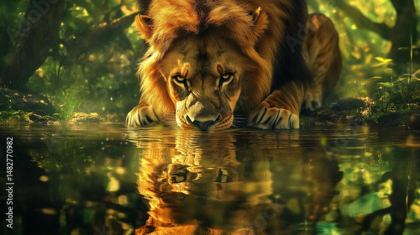 Obraz Majestic golden lion drinking water from the river in the forest. Lion reflection in the water closeup shot wild photography