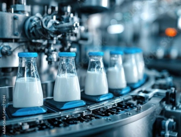 Obraz Milk bottles on conveyor belt, automated dairy production line, industrial process, close-up, blue tones, factory