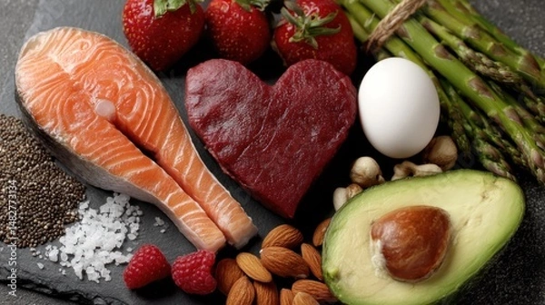 Fototapeta A flatlay of heart-healthy foods arranged on a gray background, promoting good nutrition.