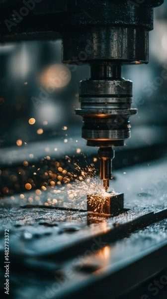 Obraz Metalworking drill in action close up industrial machinery sparks flying manufacturing precision engineering dark moody