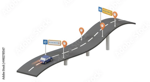 Fototapeta 3D Illustration Of A Road Overpass With Moving Blue Car And Location Markers On White Background