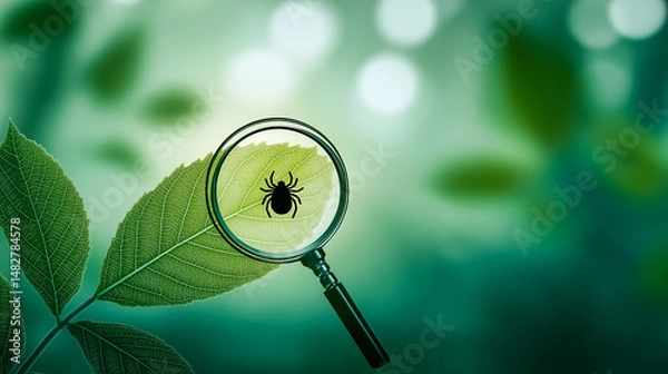 Obraz Interesting tick on a green leaf. Dangerous parasite and carrier of infection. Ixodes ricinus.